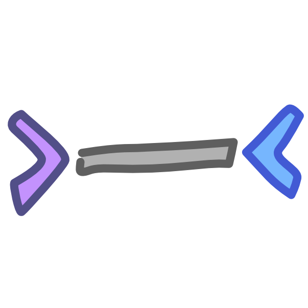 A short grey rectangle sits between a purple greater than sign and a blue less than sign.